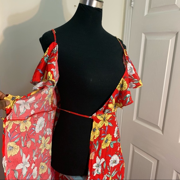 F21 Liberty Floral Flowy Cutout Shoulder Wrap Hi Low Dress - Picture 8 of 15